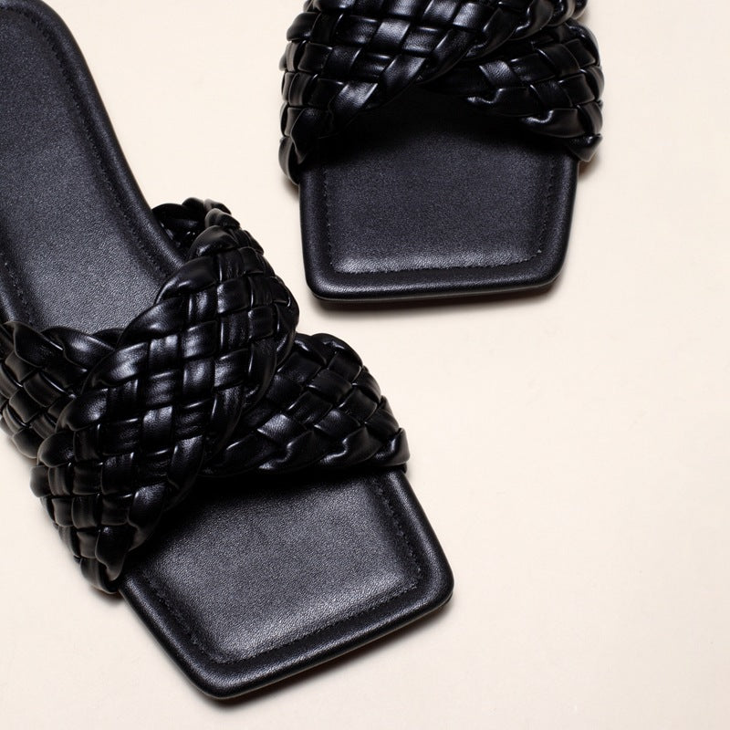 Flat Rattan Cross Strap Sandals And Slippers