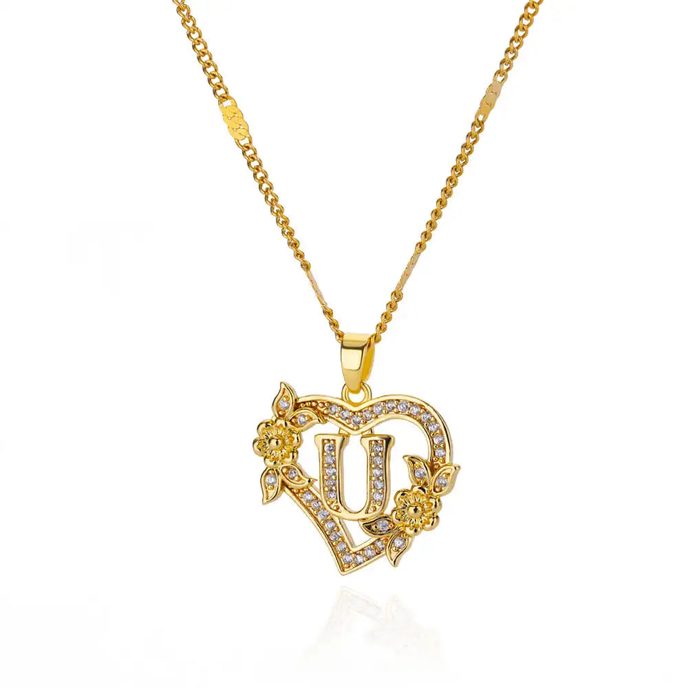 Zircon Flower Heart Initials Necklace