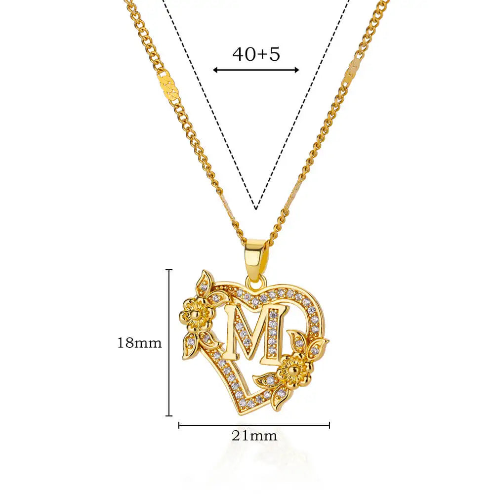 Zircon Flower Heart Initials Necklace