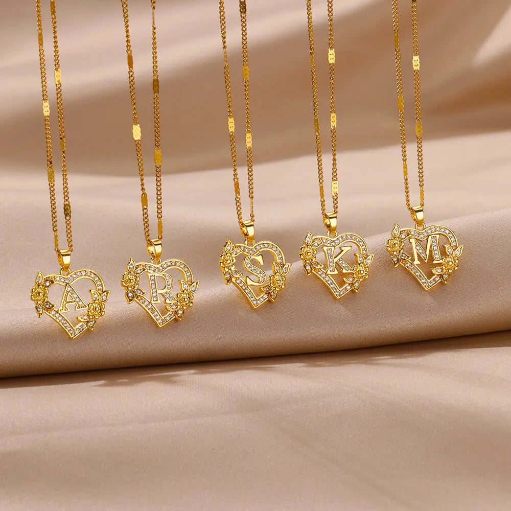 Zircon Flower Heart Initials Necklace