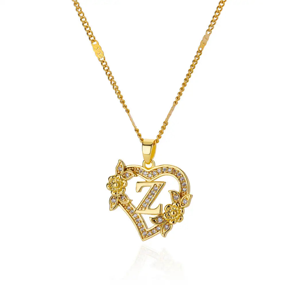 Zircon Flower Heart Initials Necklace