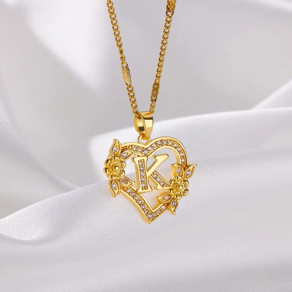 Zircon Flower Heart Initials Necklace