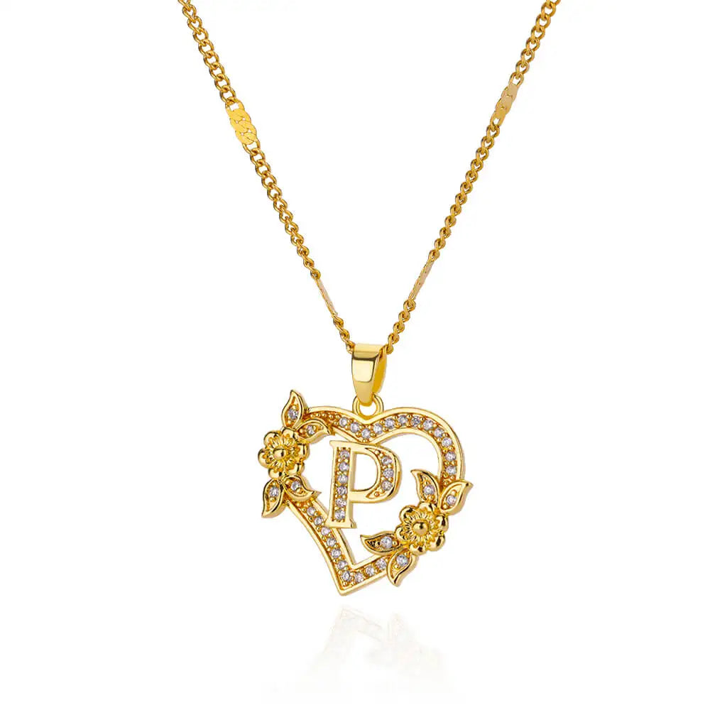 Zircon Flower Heart Initials Necklace