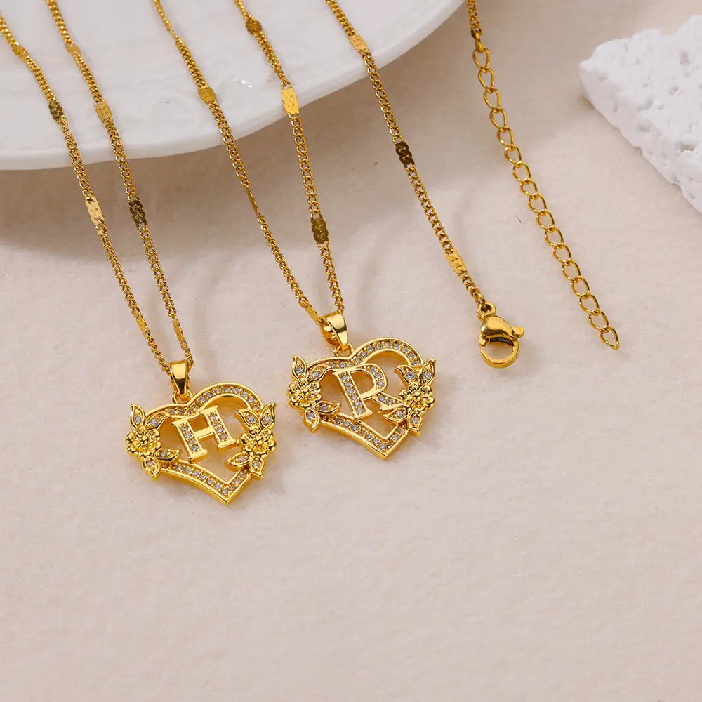 Zircon Flower Heart Initials Necklace