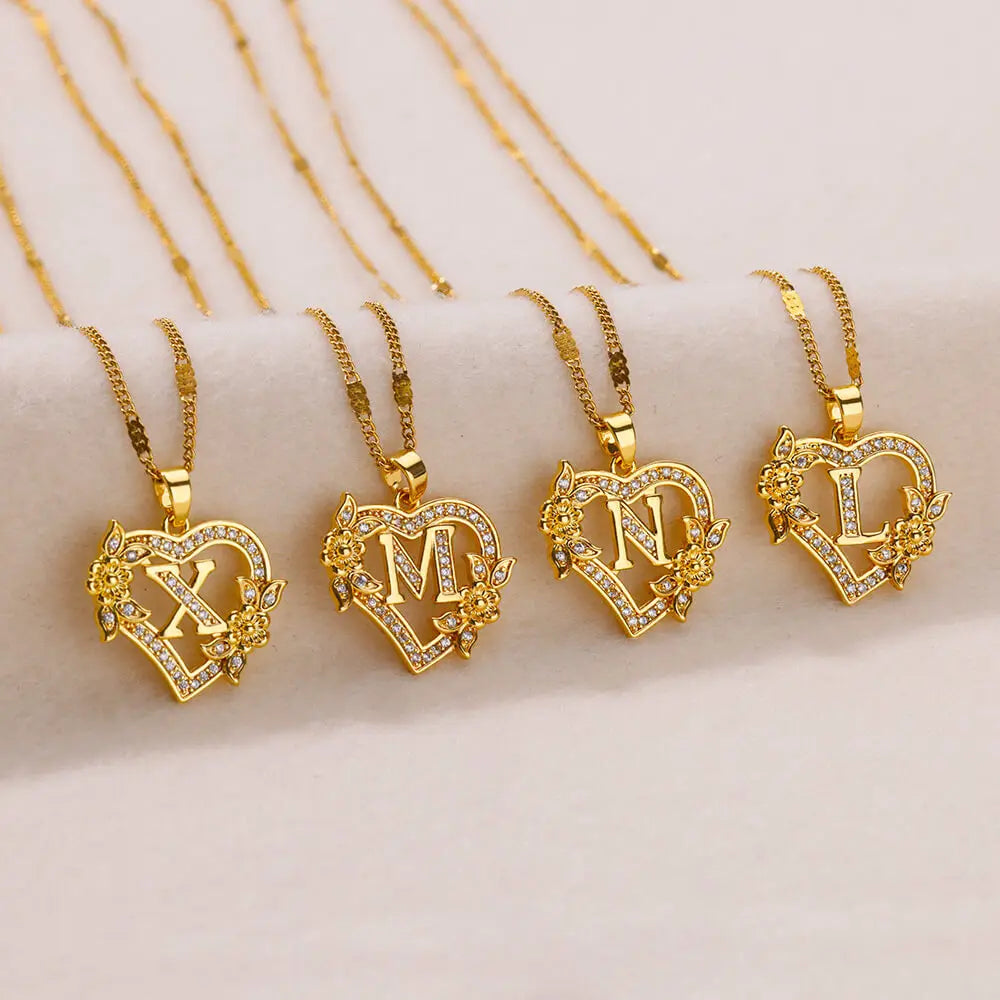 Zircon Flower Heart Initials Necklace