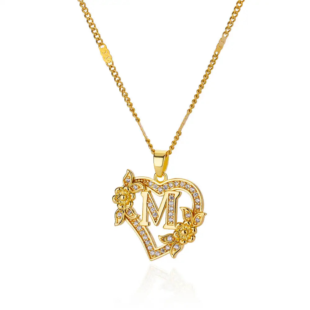 Zircon Flower Heart Initials Necklace