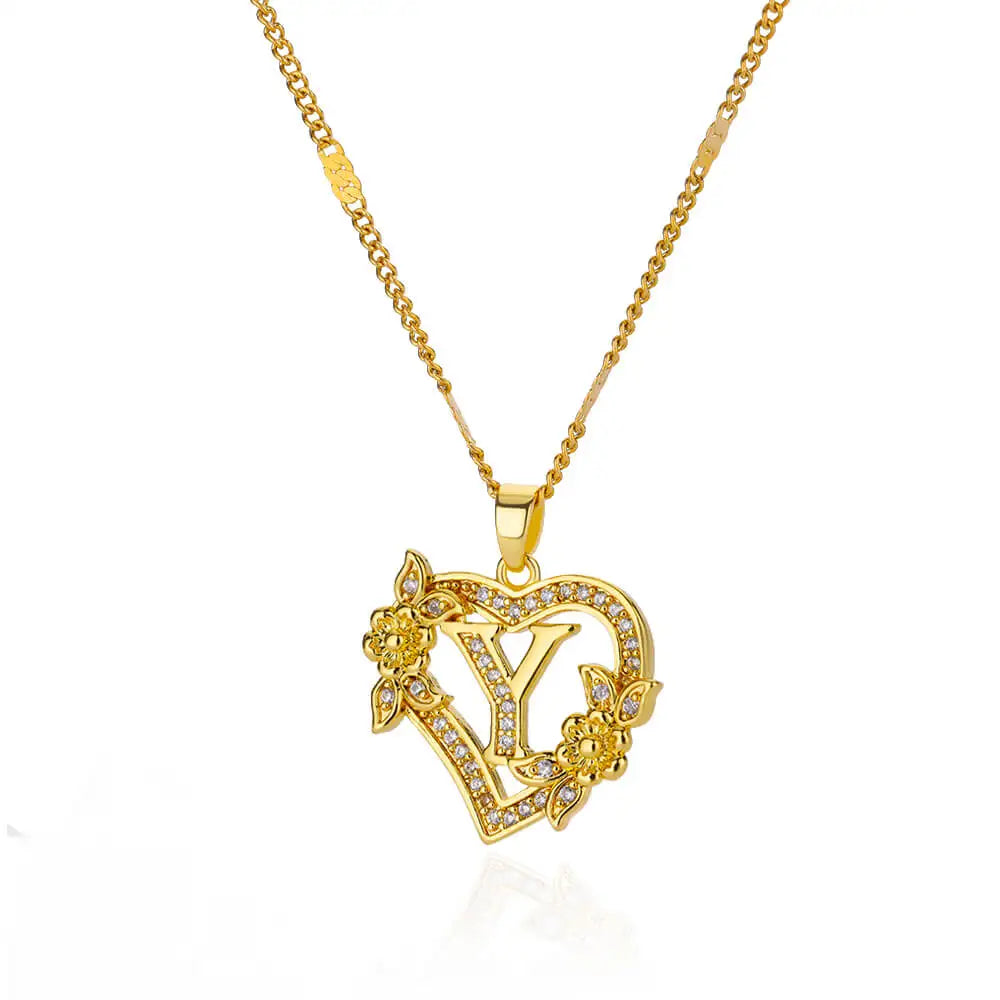 Zircon Flower Heart Initials Necklace