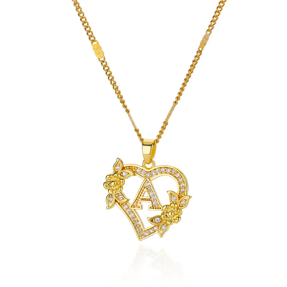 Zircon Flower Heart Initials Necklace