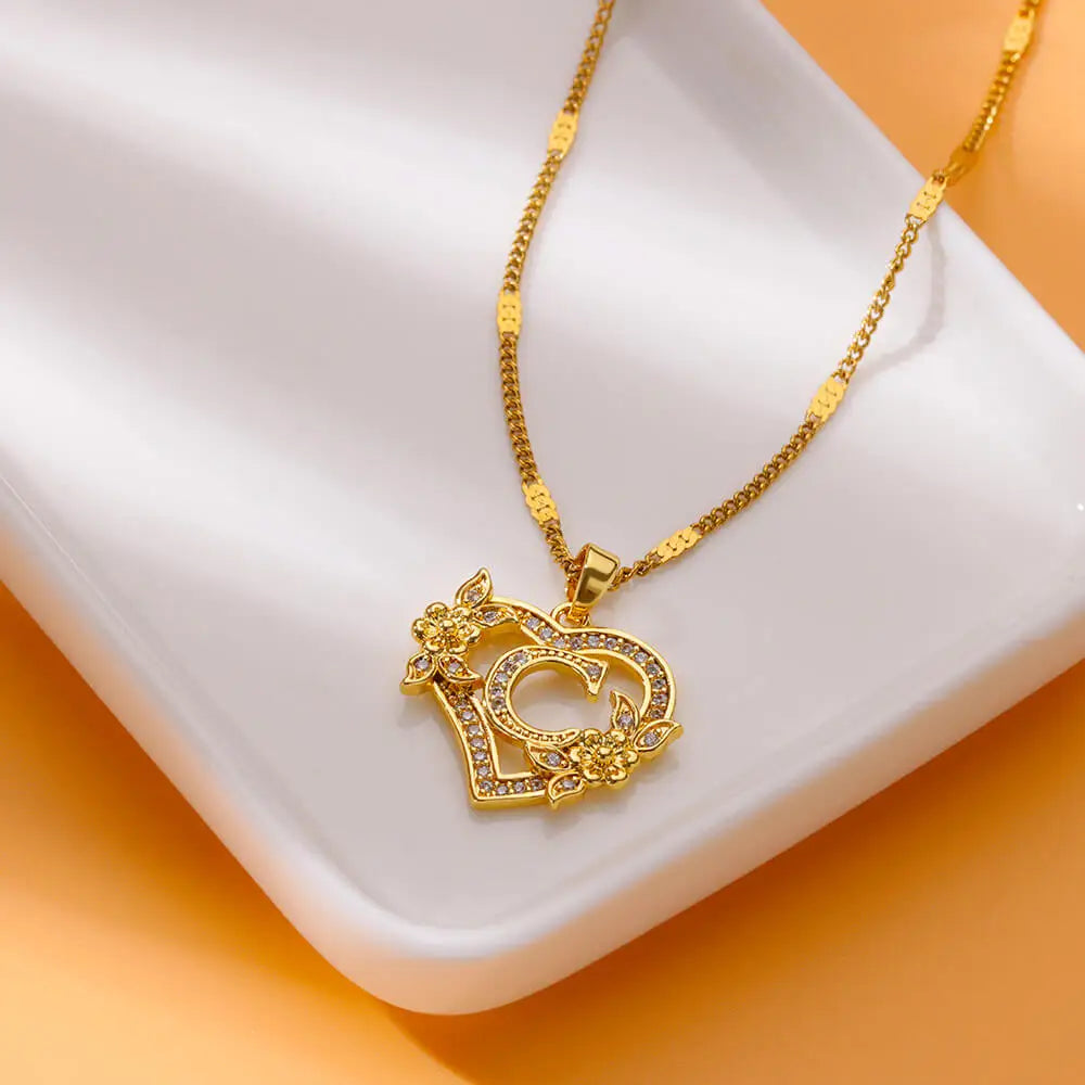 Zircon Flower Heart Initials Necklace