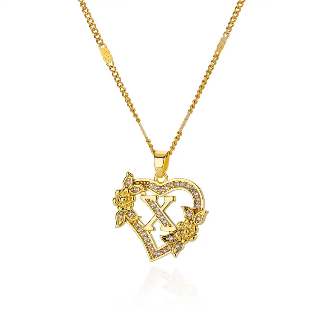 Zircon Flower Heart Initials Necklace